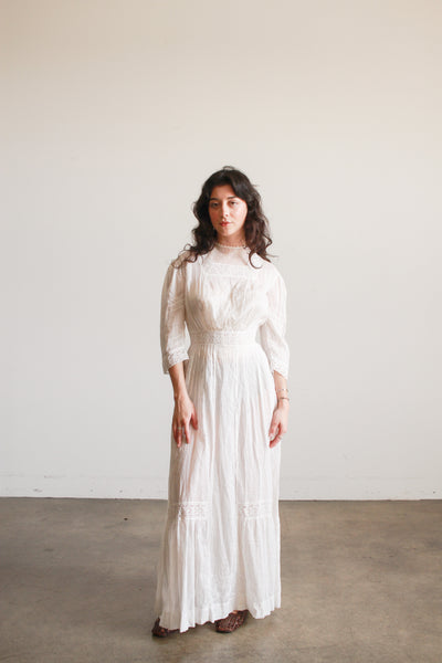 Edwardian Cotton Embroidered High Neck Lawn Dress