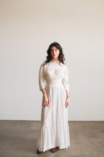 Edwardian Cotton Embroidered High Neck Lawn Dress