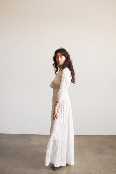 Edwardian Cotton Embroidered High Neck Lawn Dress