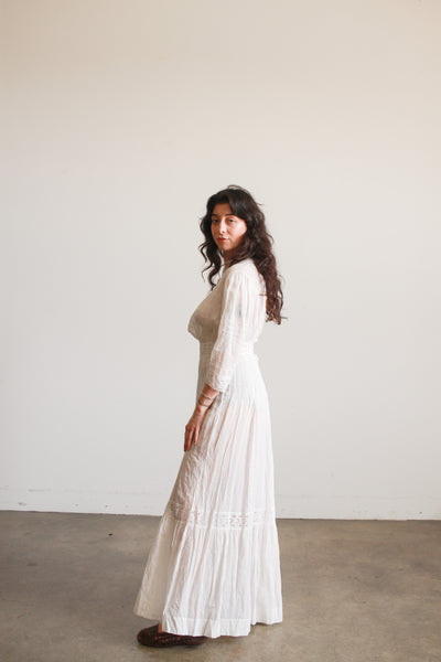 Edwardian Cotton Embroidered High Neck Lawn Dress