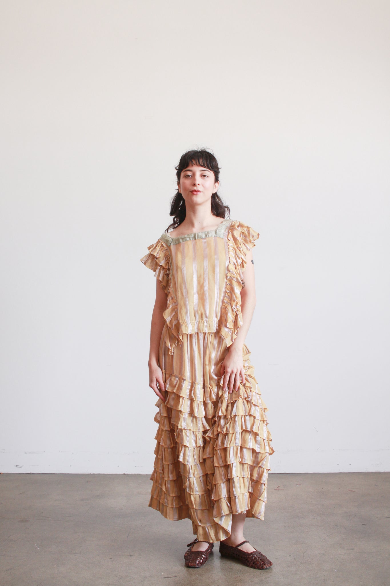 1920s Mustard Cotton and Silk Ruffle Skirt Set
