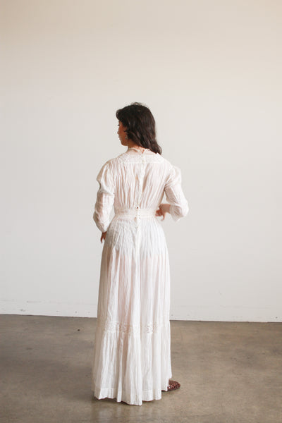 Edwardian Cotton Embroidered High Neck Lawn Dress
