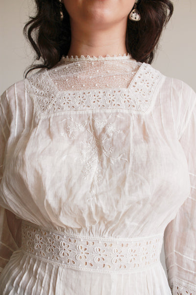 Edwardian Cotton Embroidered High Neck Lawn Dress