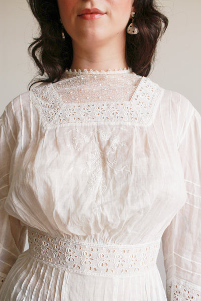 Edwardian Cotton Embroidered High Neck Lawn Dress