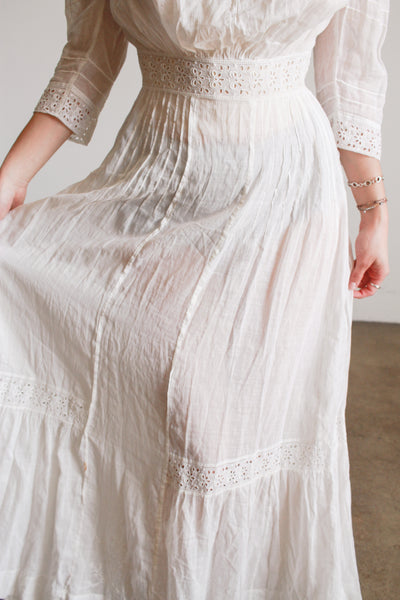 Edwardian Cotton Embroidered High Neck Lawn Dress