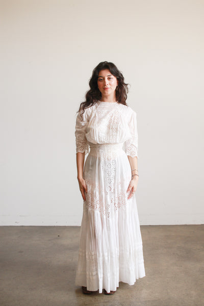 Edwardian Cotton White Eyelet Lawn Dress