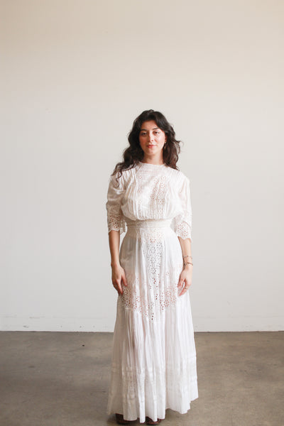 Edwardian Cotton White Eyelet Lawn Dress