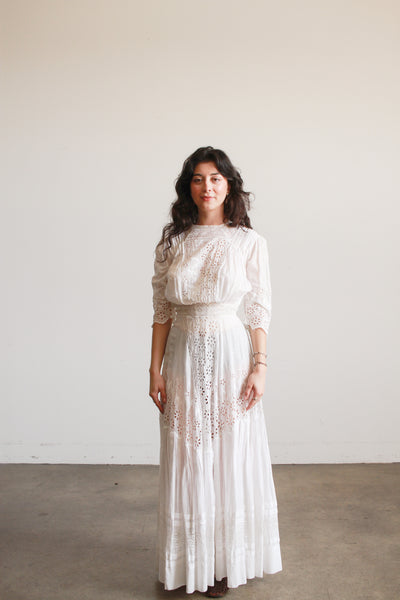 Edwardian Cotton White Eyelet Lawn Dress