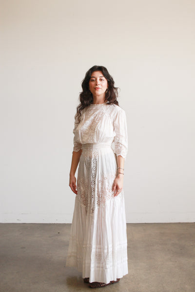 Edwardian Cotton White Eyelet Lawn Dress