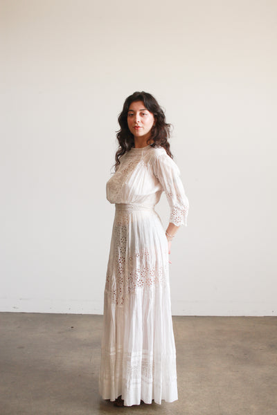 Edwardian Cotton White Eyelet Lawn Dress