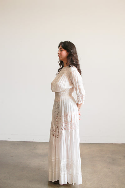 Edwardian Cotton White Eyelet Lawn Dress