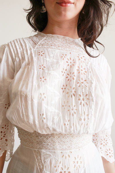 Edwardian Cotton White Eyelet Lawn Dress