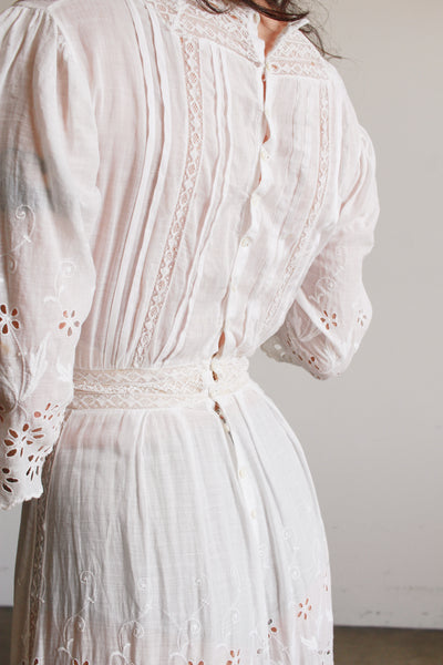 Edwardian Cotton White Eyelet Lawn Dress