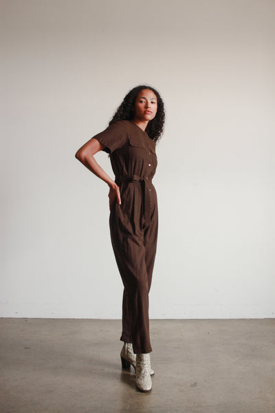 1980s Chocolate Raw Silk Jumpsuit