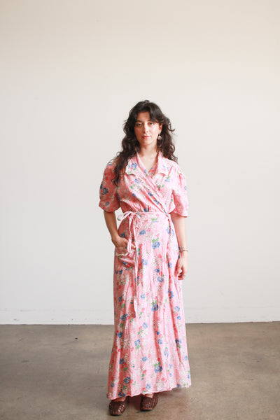 1940s Pink Floral Seersucker Wrap Dress