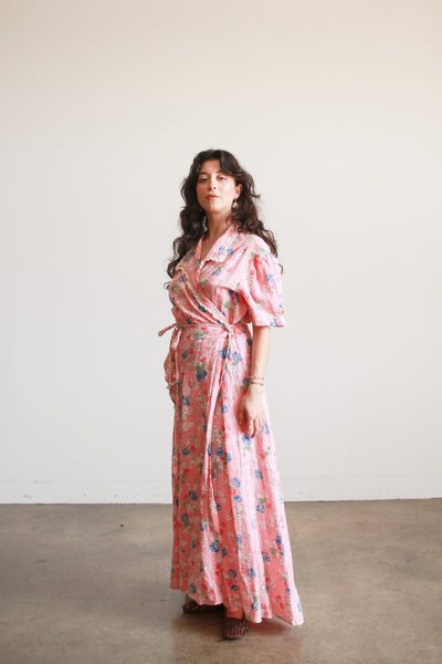 1940s Pink Floral Seersucker Wrap Dress