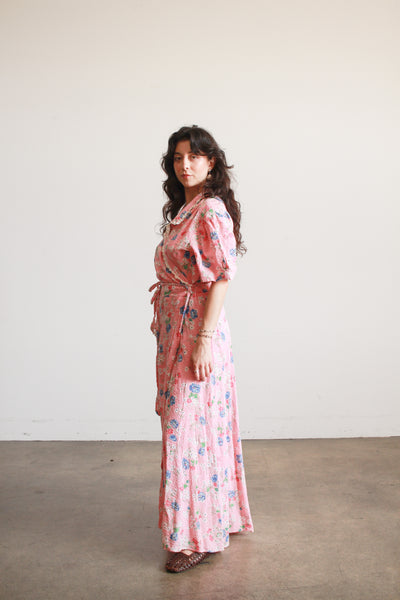 1940s Pink Floral Seersucker Wrap Dress
