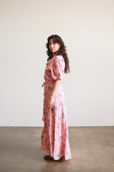 1940s Pink Floral Seersucker Wrap Dress