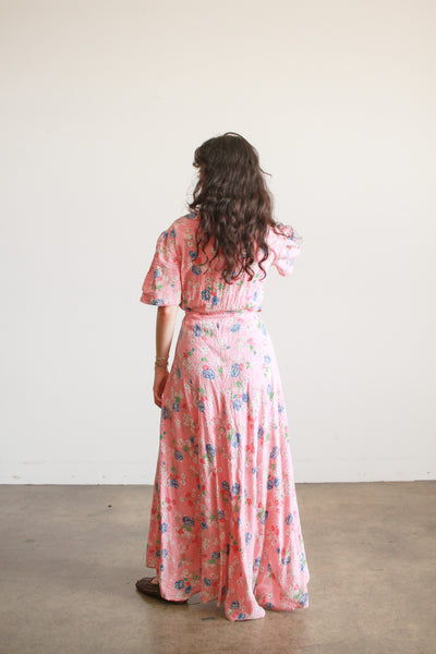 1940s Pink Floral Seersucker Wrap Dress