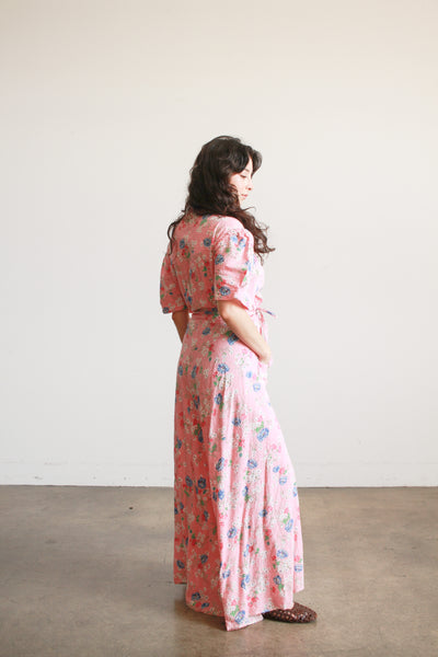1940s Pink Floral Seersucker Wrap Dress