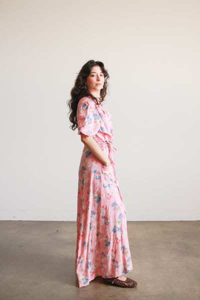 1940s Pink Floral Seersucker Wrap Dress
