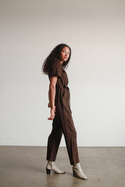 1980s Chocolate Raw Silk Jumpsuit