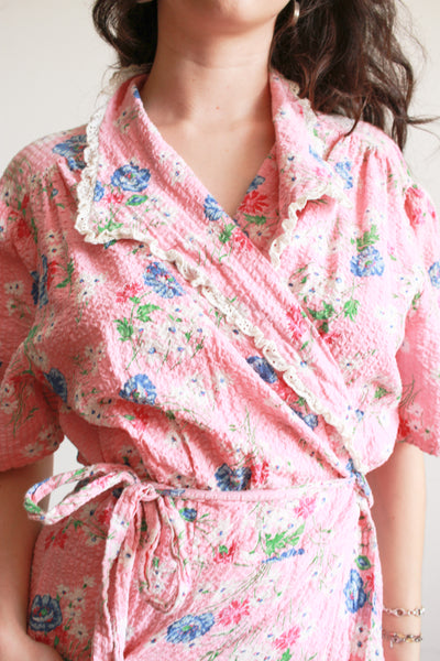 1940s Pink Floral Seersucker Wrap Dress