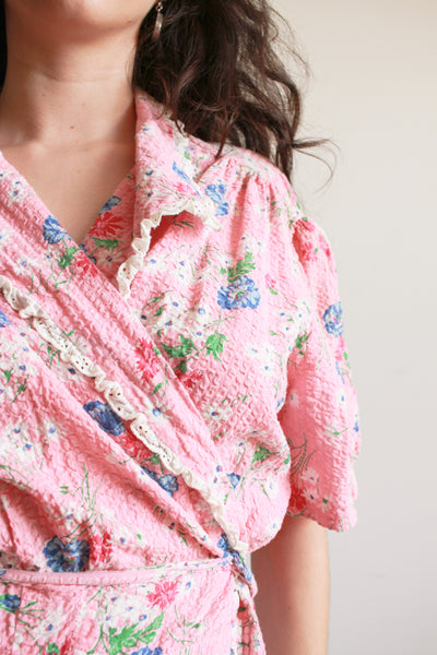 1940s Pink Floral Seersucker Wrap Dress