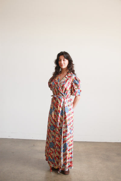 1940s Maroon Cotton Floral Print Cotton Wrap Dress