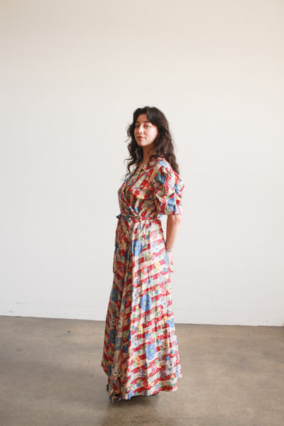 1940s Maroon Cotton Floral Print Cotton Wrap Dress
