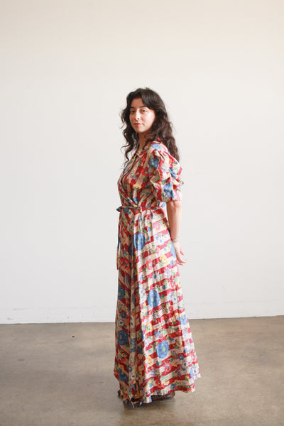 1940s Maroon Cotton Floral Print Cotton Wrap Dress