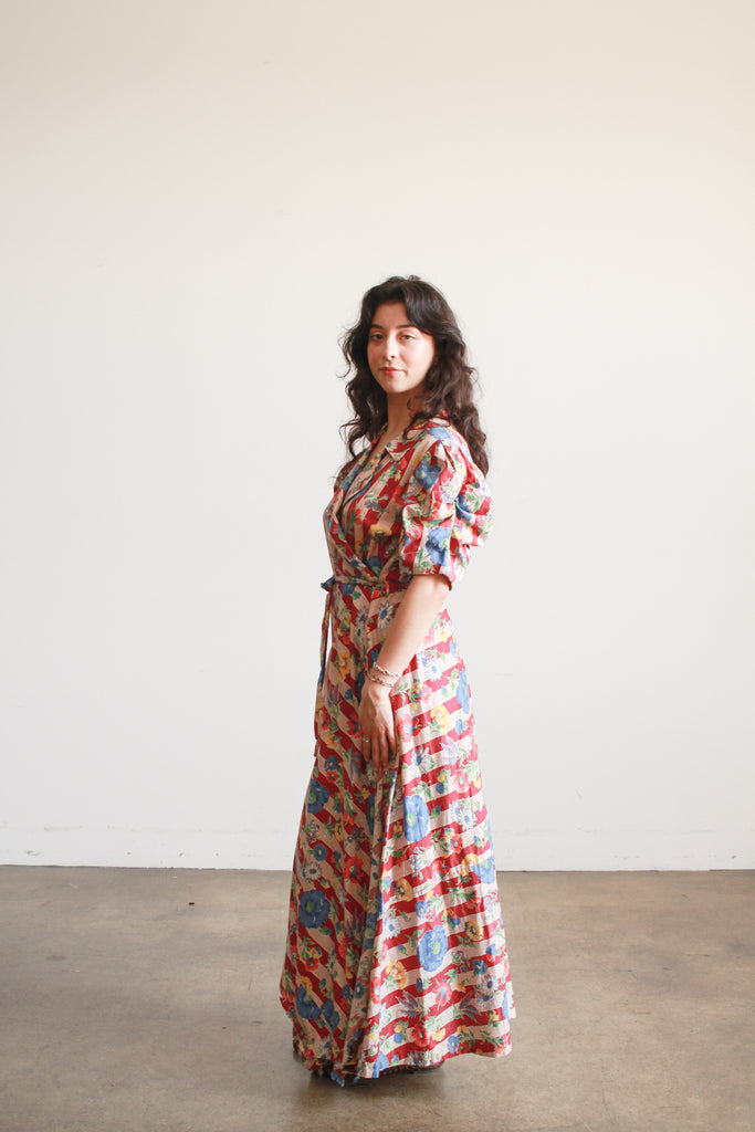 1940s Maroon Cotton Floral Print Cotton Wrap Dress