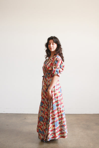 1940s Maroon Cotton Floral Print Cotton Wrap Dress