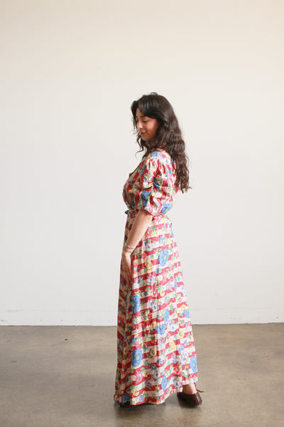 1940s Maroon Cotton Floral Print Cotton Wrap Dress
