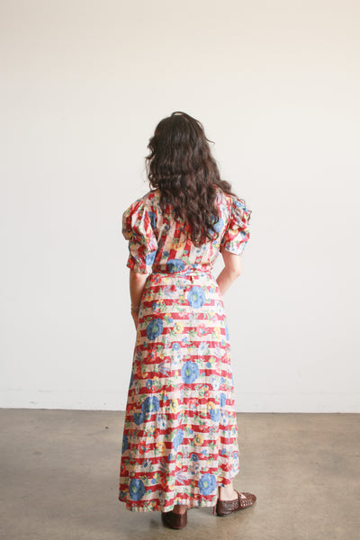 1940s Maroon Cotton Floral Print Cotton Wrap Dress