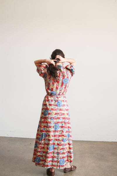 1940s Maroon Cotton Floral Print Cotton Wrap Dress
