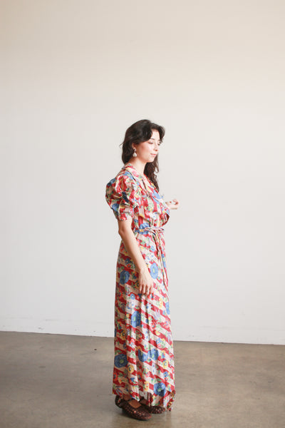1940s Maroon Cotton Floral Print Cotton Wrap Dress