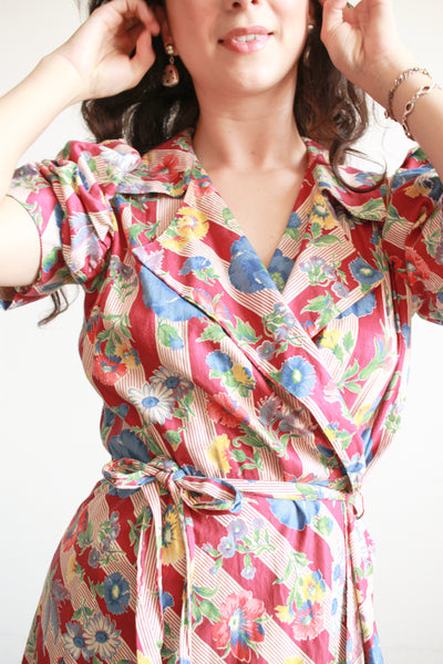 1940s Maroon Cotton Floral Print Cotton Wrap Dress