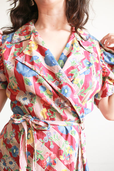 1940s Maroon Cotton Floral Print Cotton Wrap Dress
