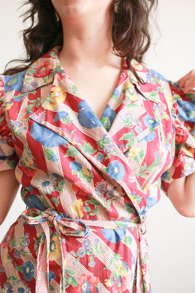 1940s Maroon Cotton Floral Print Cotton Wrap Dress