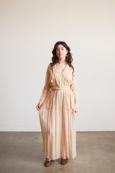 Edwardian Beige Cotton Voile Beaded Lawn Dress