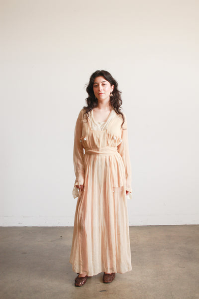 Edwardian Beige Cotton Voile Beaded Lawn Dress