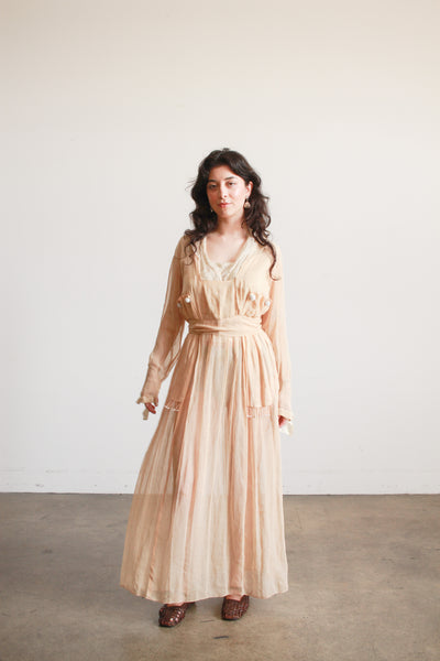 Edwardian Beige Cotton Voile Beaded Lawn Dress