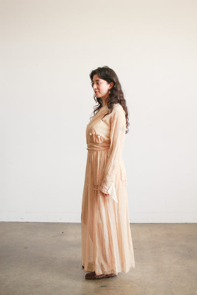 Edwardian Beige Cotton Voile Beaded Lawn Dress