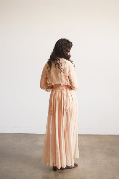 Edwardian Beige Cotton Voile Beaded Lawn Dress