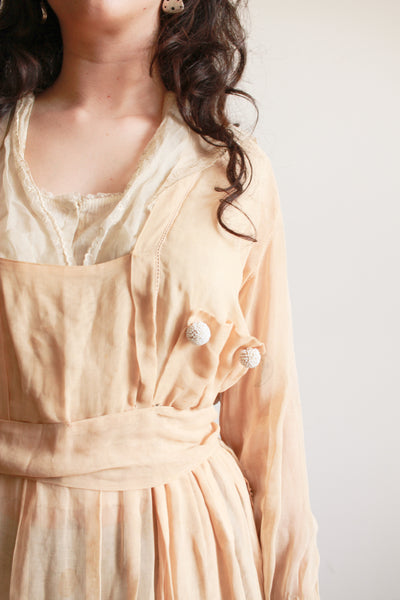 Edwardian Beige Cotton Voile Beaded Lawn Dress