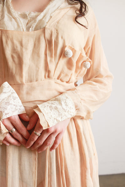 Edwardian Beige Cotton Voile Beaded Lawn Dress