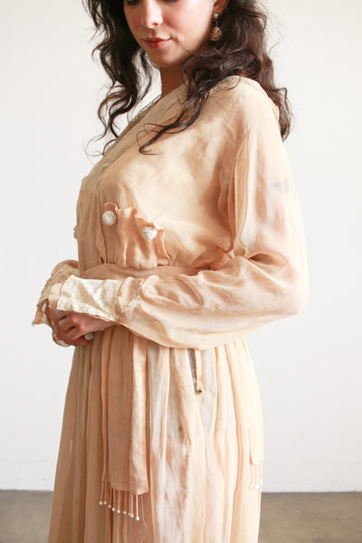 Edwardian Beige Cotton Voile Beaded Lawn Dress