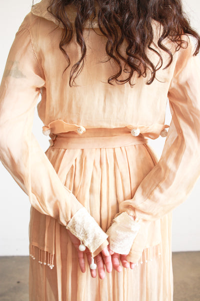 Edwardian Beige Cotton Voile Beaded Lawn Dress
