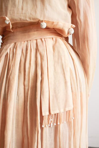 Edwardian Beige Cotton Voile Beaded Lawn Dress